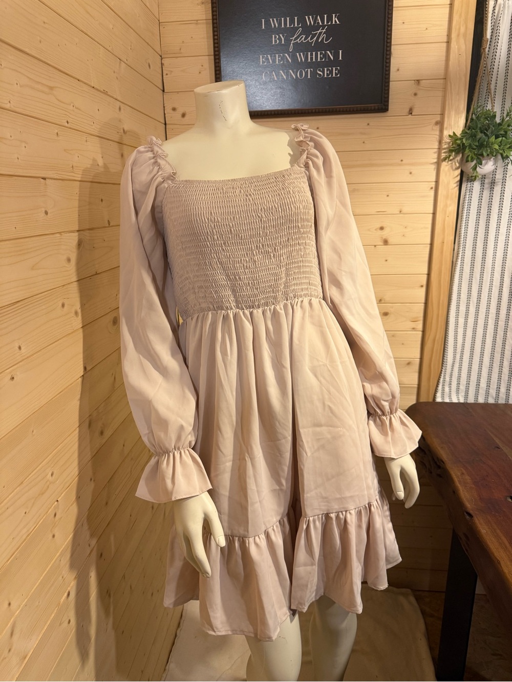 Smocked Square-Neck Long-Sleeve Mini Dress in Blush